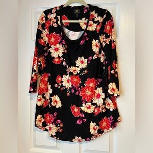 JM Collection Women's Size 0X Plus Black Floral Tunic‎ 3/4 Sleeve Top NWT